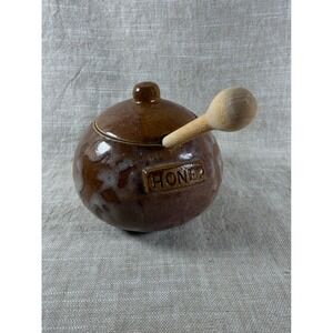 Studio Pottery Honey Pot Signed Matt Brown Glaze Jar w Dipper
